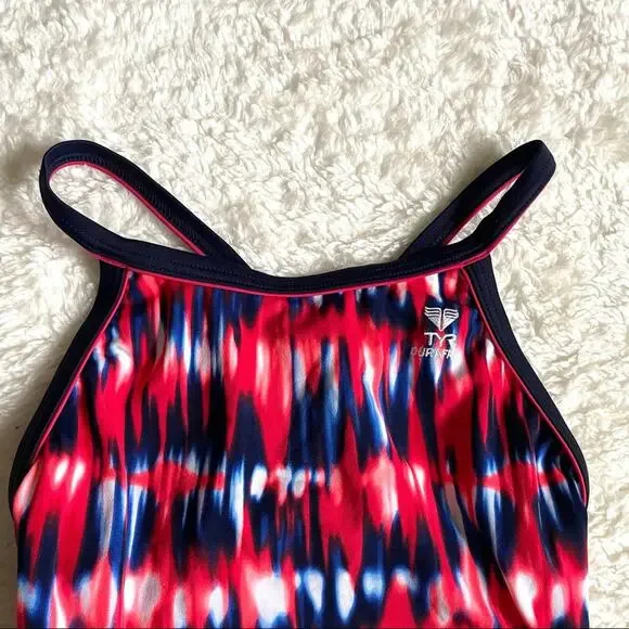TYR Durafast Women’s One Piece Swimming Suit Racer Back Size 34 Red Navy Tie-Dye - Picture 5 of 5